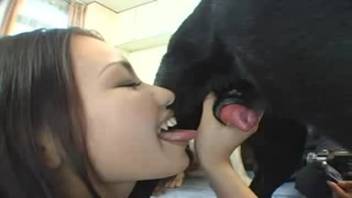 Dog fucks woman in her wide-opened mouth
