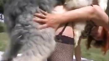 Fishnets girl enjoys sex with a dog